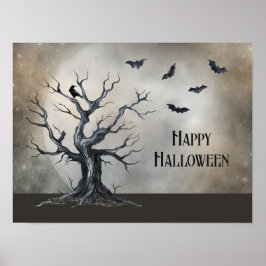 Póster Árbol de Halloween con raven y murciélagos