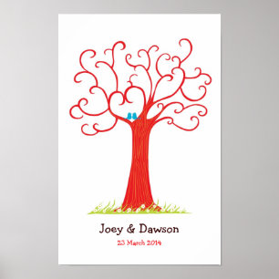 Póster Árbol de huellas dactilares Boda Hearttic (Rojo)
