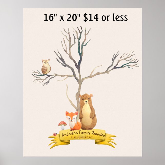 Póster Árbol de huellas digitales Baby Shower WOODLAND An (Frente)