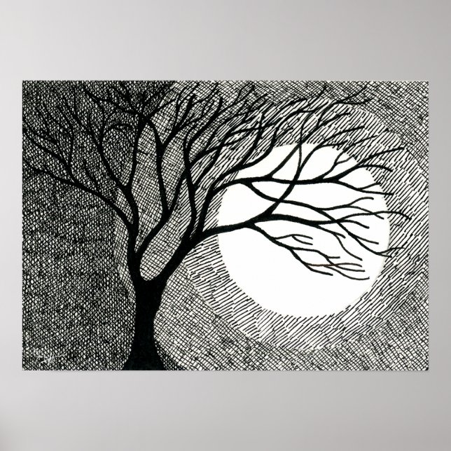 Póster Árbol de invierno y luna en blanco y negro (Frente)