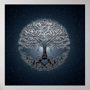 Póster Árbol de la noche pacífica del cielo azul de la