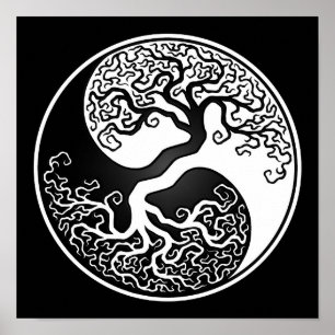 Póster Árbol de la vida blanco y negro Yin Yang