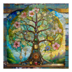Póster Árbol de la Vida Florido de 7 Chakras