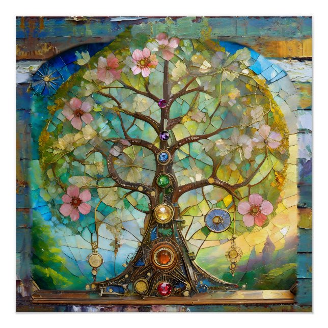 Póster Árbol de la Vida Florido de 7 Chakras (Anverso)