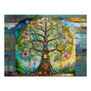 Póster Árbol de la Vida Florido de 7 Chakras