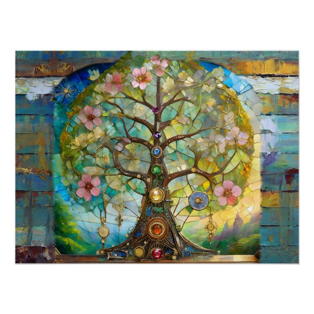 Póster Árbol de la Vida Florido de 7 Chakras (Anverso)