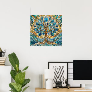 Póster Árbol de la Vida Mosaico de Vidrio Roto Azules Acu
