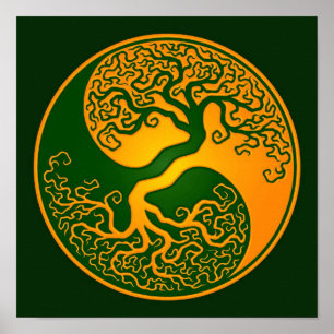 Póster Árbol de la vida verde de oro Yin Yang