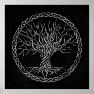 Póster Árbol de la vida - Yggdrasil - grayscale