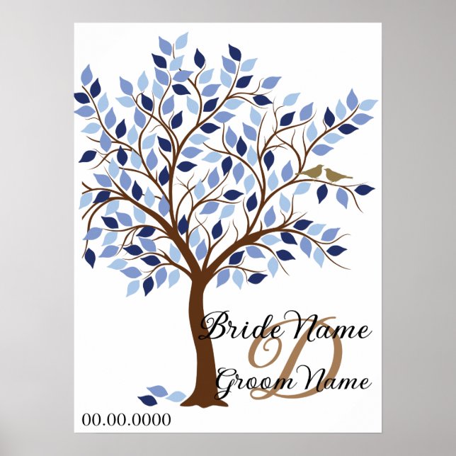 Póster Árbol de libros de invitados Boda, en azul. (Frente)
