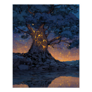 Póster Árbol de Linterna Brillante Arte de Fantasía Noctu