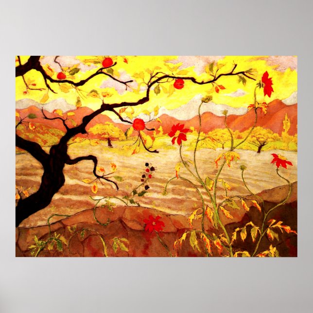 Póster Árbol de manzanas con fruta roja - Pintura de Paul (Frente)