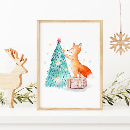 Póster Árbol de Navidad Acuarela y Zorro Lindo