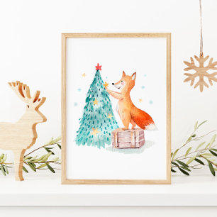 Póster Árbol de Navidad Acuarela y Zorro Lindo