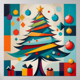 Póster Árbol de Navidad alegre geométrico Art Deco con re