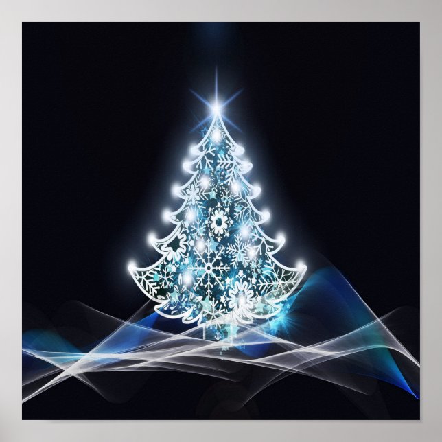 Póster Árbol de Navidad brillante, copos de nieve blancos (Frente)