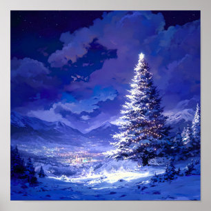 Póster Árbol de Navidad Brillante Paisaje de Montaña Neva