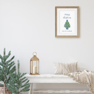 Póster Árbol de Navidad Chinoiserie Azul y Blanco