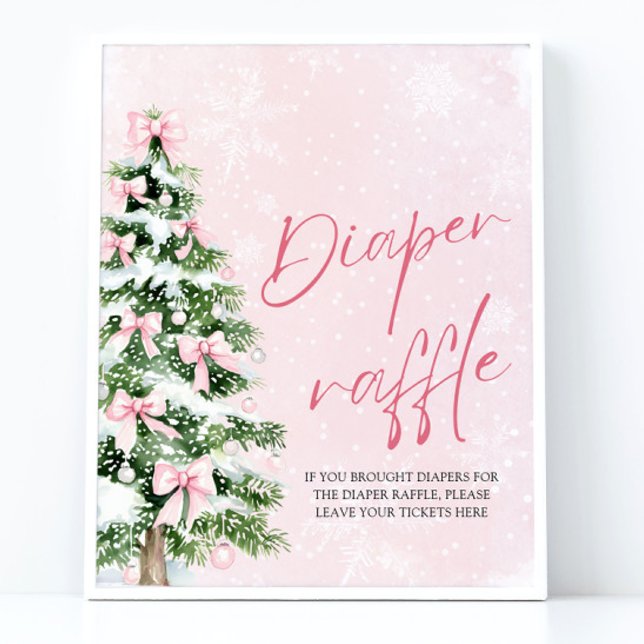 Póster Árbol de Navidad con Lazo Rosa Sorteo de Pañales p (Pink Bow Christmas Tree Baby Shower Diaper Raffle Sign)