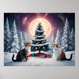Póster Árbol de Navidad cubierto de nieve con gatos