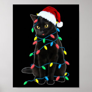 Póster Árbol de navidad de gato negro ilumina Santa Kitte