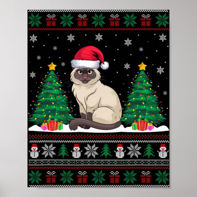 Póster Árbol de navidad de gato siamés de Santa Hat ilumi (Frente)
