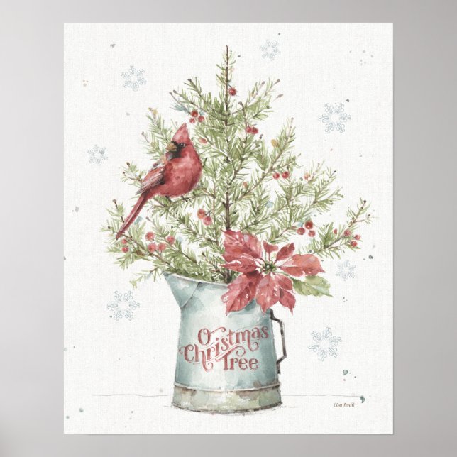 Póster Árbol de Navidad de granja con cardenal (Frente)