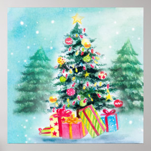 Póster Árbol de Navidad Decorado con Color de Agua