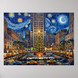 Póster Árbol de Navidad del Centro Rockefeller Bajo Noche
