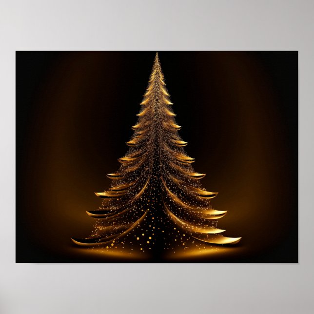 Póster Árbol de Navidad dorado sobre fondo negro. (Frente)