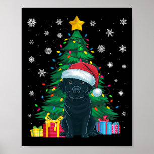 Póster Árbol de navidad dulce feo ilumina perro negro de
