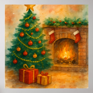 Póster Árbol de Navidad en acuarela y chimenea acogedora 