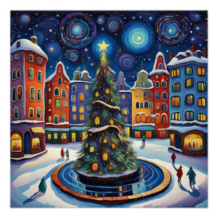 Póster Árbol de Navidad en la plaza del pueblo 1