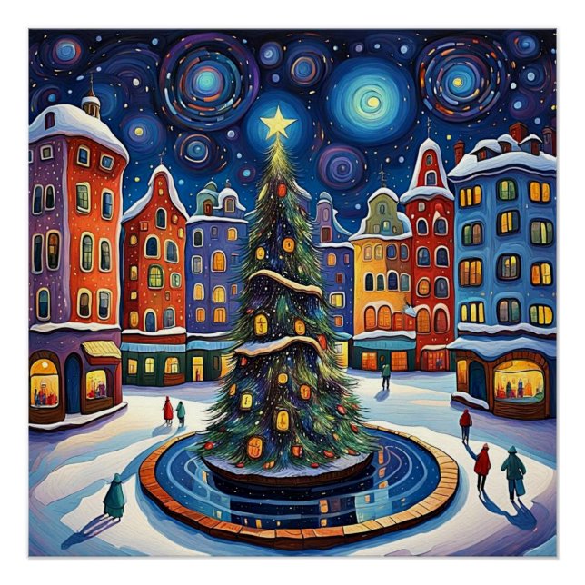 Póster Árbol de Navidad en la plaza del pueblo 1 (Anverso)