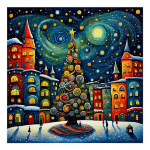 Póster Árbol de Navidad en la plaza del pueblo 2