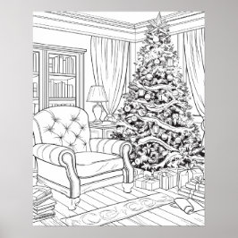 Póster Árbol de Navidad en la sala de estar coloreando Po