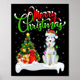 Póster Árbol de Navidad enciende Santa Hat Husky Perro Si