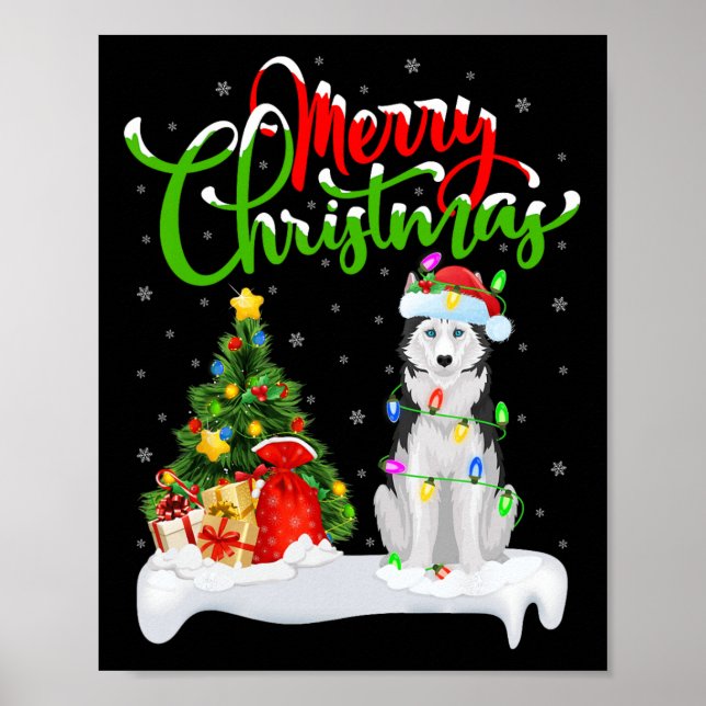Póster Árbol de Navidad enciende Santa Hat Husky Perro Si (Frente)
