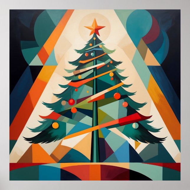 Póster Árbol de Navidad Geométrico en Triángulo Art Déco (Frente)