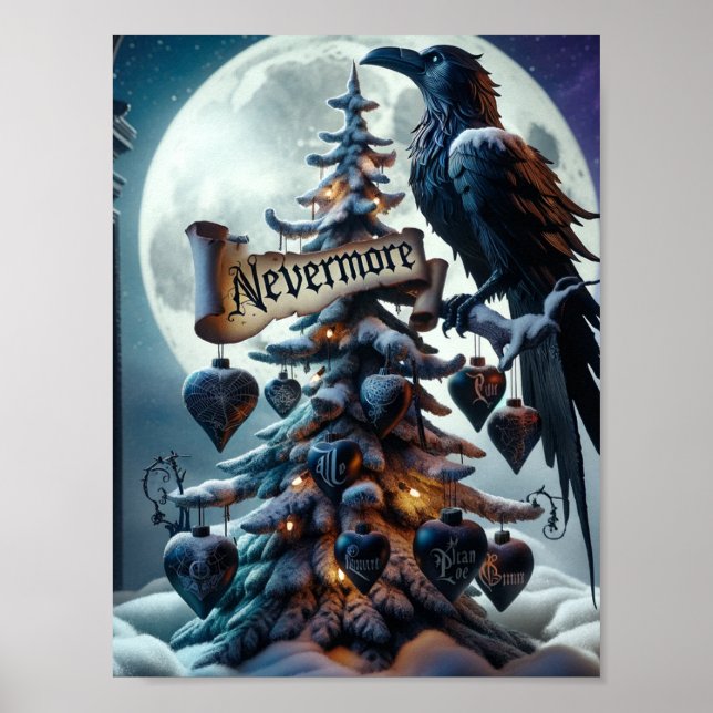 Póster Árbol de Navidad Gótico con Corazones Raven (Frente)