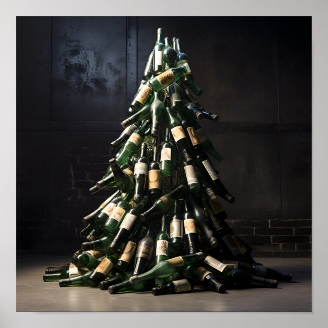 Póster Árbol de Navidad hecho de botellas de vino (Frente)