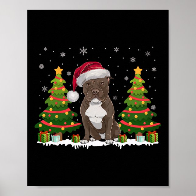 Póster Árbol de navidad ilumina Pitbull Dog Santa Hat Nav (Frente)