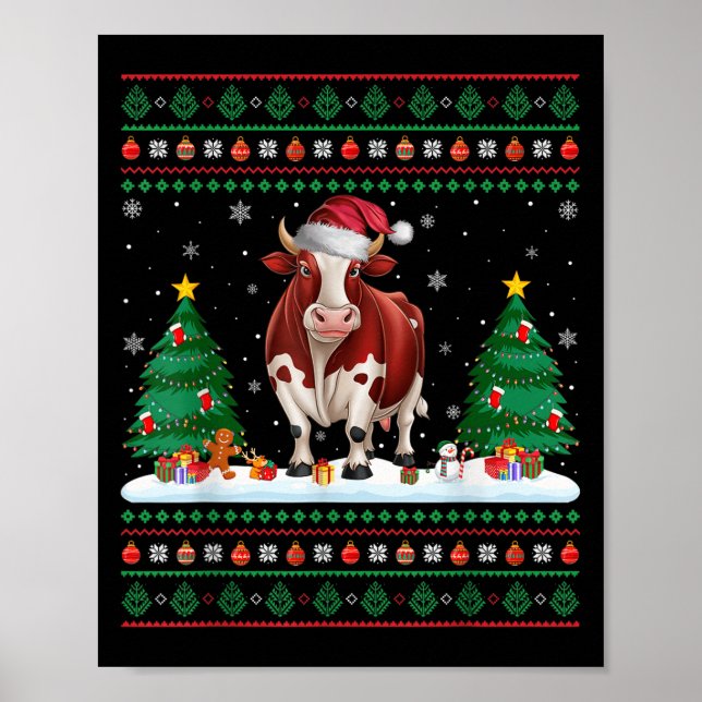 Póster Árbol de navidad ilumina suéter de navidad de vaca (Frente)