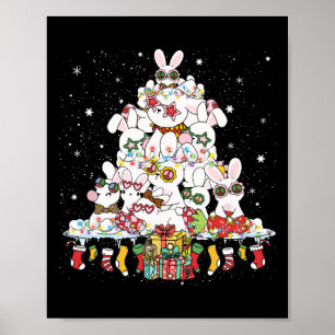 Póster Árbol de Navidad lindo conejo blanco rodeado