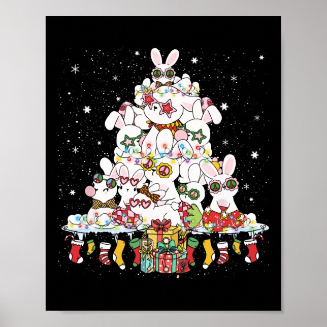 Póster Árbol de Navidad lindo conejo blanco rodeado (Frente)