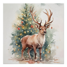 Póster Árbol de Navidad lindo reno acogedor Arte de Pared