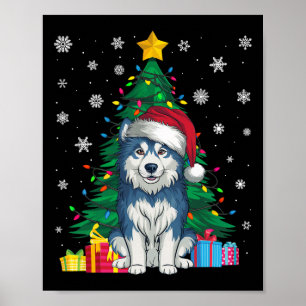 Póster Árbol de navidad muy dulce ilumina perro malamuta