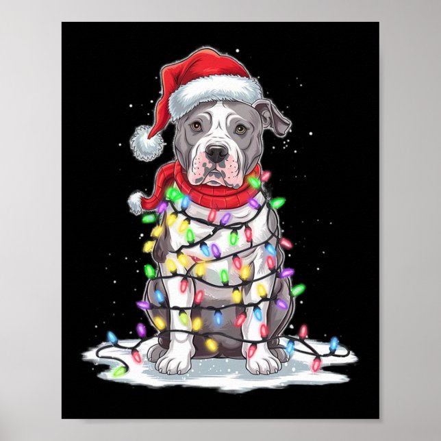 Póster Árbol de Navidad Pitbull Santa Hat Ilumina Perro d (Frente)