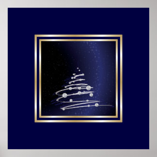 Póster Árbol De Navidad Resumen De Plata En Azul