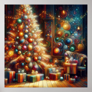 Póster Árbol de Navidad Retro con Regalos Debajo de la Pa